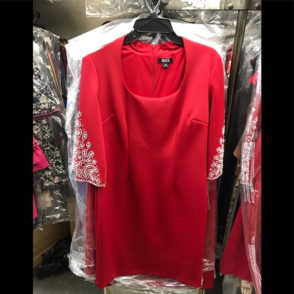 NWT,SL Fashions,Bejeweled Sleeve Dress,red - Picture 3 of 16